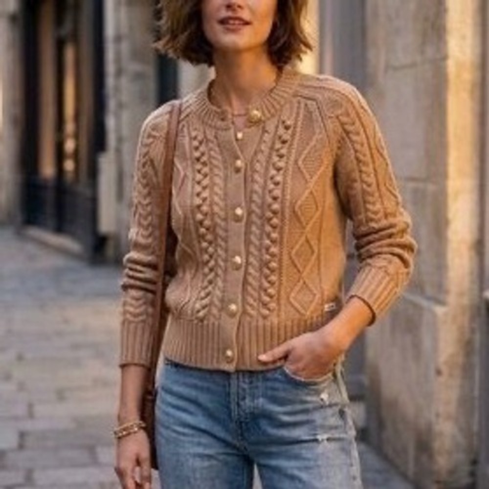 JCrew Wool Blend Cable Knit Cardigan M Heather Acorn Gold Button BM175 Preppy